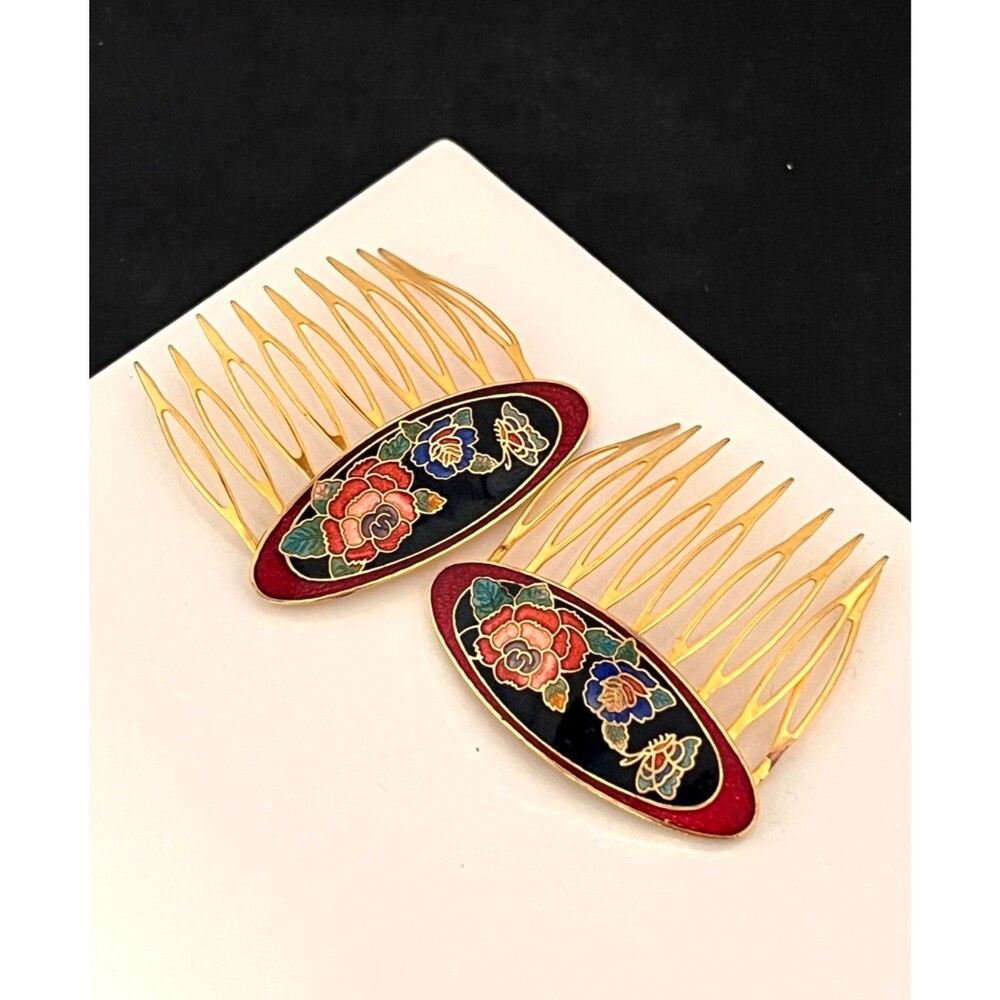 Vintage 1980s Floral Cloisonne Style Enamel Hair Comb Pair Gold Tone - 1J